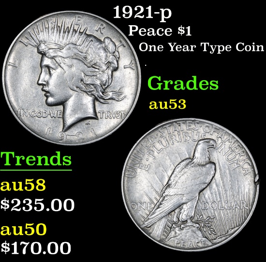 1921-p One Year Type Coin . Peace Dollar $1 Grades Select AU