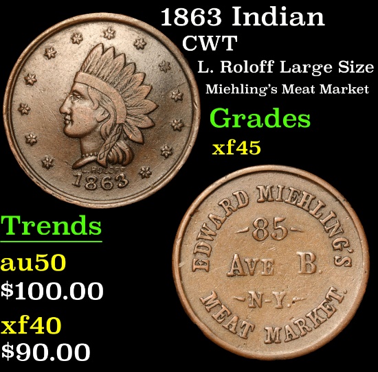 1863 Indian L. Roloff Large Size Miehling's Meat Market Civil War Token 1c Grades xf+