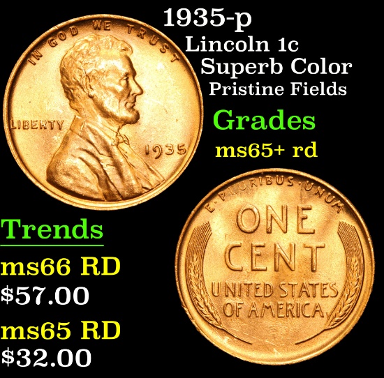 1935-p Superb Color Pristine fields Lincoln Cent 1c Grades Gem+ Unc RD