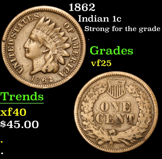 1862 Strong for the grade . Indian Cent 1c Grades vf+
