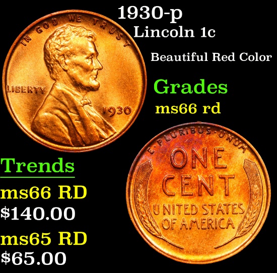1930-p . Beautiful Red Color Lincoln Cent 1c Grades GEM+ Unc RD
