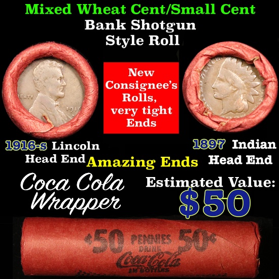 Mixed small cents 1c orig shotgun roll, 1897 Indian one end, 1916-s Lincoln other end