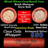 Mixed small cents 1c orig shotgun roll, 1895 Indian one end, 1919-d Lincoln other end