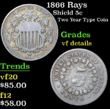 1866 Rays Two year type coin . Shield Nickel 5c Grades vf details