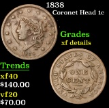 1838 . . Coronet Head Large Cent 1c Grades xf details