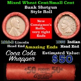 Mixed small cents 1c orig shotgun roll, 1918-d one end, 1895 Indian cent other end