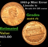 1983-p Mint Error Struck 15% Off center . Lincoln Cent 1c Grades Choice Unc RB