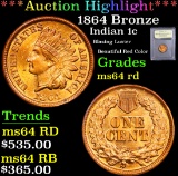 ***Auction Highlight*** 1864 Bronze Blazing Luster Beautiful Red Color Indian Cent 1c Graded Choice