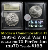 1993-p WWII Unc Modern Commem Half Dollar 50c Graded ms70, Perfection by USCG