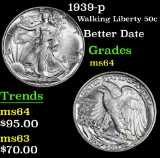 1939-p Better Date . Walking Liberty Half Dollar 50c Grades Choice Unc