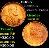 1910-p Beautiful Patina . Lincoln Cent 1c Grades GEM+ Unc RB