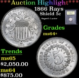 *Auction Highlight* 1866 Rays Superb Luster Shield Nickel 5c Graded Choice+ Unc By USCG (fc)