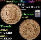 *Auction Highlight* 1826 13 stars Coronet Head Large Cent 1c Graded Choice AU/BU Slider By USCG (fc)