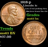 1918-p Lots of red peeking thru Mint Error Struck Thru Obv Lincoln Cent 1c Grades Select Unc BN