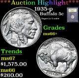 ***Auction Highlight*** 1935-p Superior Luster . Buffalo Nickel 5c Graded GEM++ Unc By USCG (fc)