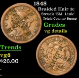 1848 Struck 'EM. Link' Triple Counter Stamp Braided Hair Large Cent 1c Grades vg details