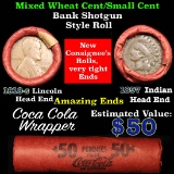 Mixed small cents 1c orig shotgun roll, 1918-s one end, 1897 Indian cent other end