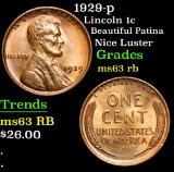 1929-p Beautiful Patina Nice Luster Lincoln Cent 1c Grades Select Unc RB