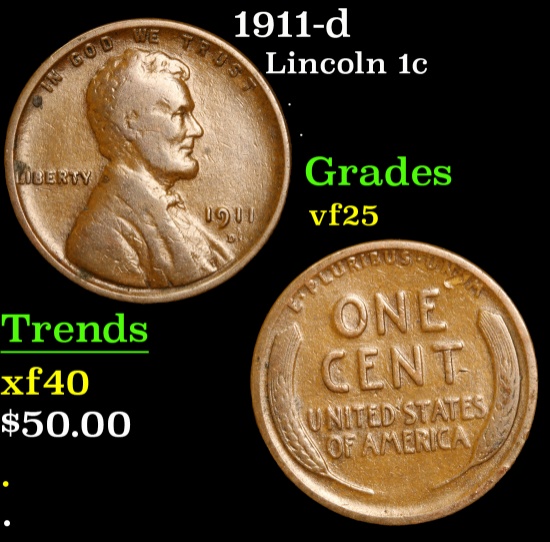 1911-d Lincoln Cent 1c Grades vf+