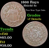 1866 Rays Shield Nickel 5c Grades vf details