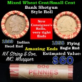 Mixed small cents 1c orig shotgun roll, 1858 Flying Eagle Cent, 1899 Indian Cent other end