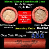 Mixed small cents 1c orig shotgun roll, 1893 Indian Cent, 1918-s Wheat Cent other end