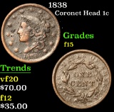 1838 Coronet Head Large Cent 1c Grades f+