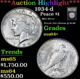 ***Auction Highlight*** 1934-d Peace Dollar $1 Graded Choice+ Unc by USCG (fc)