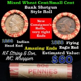 Mixed small cents 1c orig shotgun roll, 1858 Flying Eagle Cent, 1896 Indian Cent other end