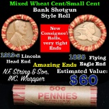 Mixed small cents 1c orig shotgun roll, 1858 Flying Eagle Cent, 1919-s Wheat Cent other end