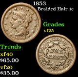 1853 Braided Hair Large Cent 1c Grades vf+