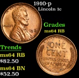 1910-p Lincoln Cent 1c Grades Choice Unc RB