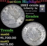 ***Auction Highlight*** 1883 cents Great luster Liberty Nickel 5c Graded GEM+ Unc By USCG (fc)