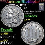 ***Auction Highlight*** 1874 Ultra Rare Three Cent Copper Nickel 3cn Graded GEM+ Proof By USCG (fc)