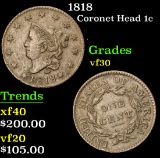 1818 Coronet Head Large Cent 1c Grades vf++