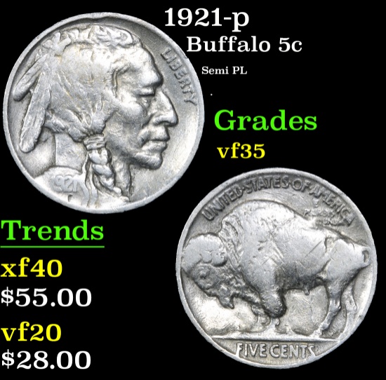 1921-p Buffalo Nickel 5c Grades vf++