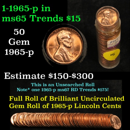 Full roll of 1965-p Lincoln Cents 1c Uncirculated Condition . .