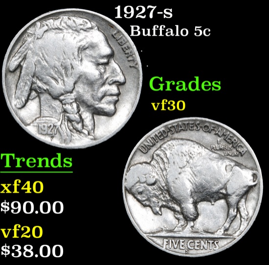 1927-s Buffalo Nickel 5c Grades vf++