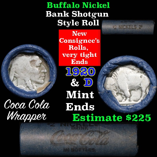 Buffalo Nickel Shotgun Roll in Old Bank Style Wrapper 1920 & d Mint Ends (fc)