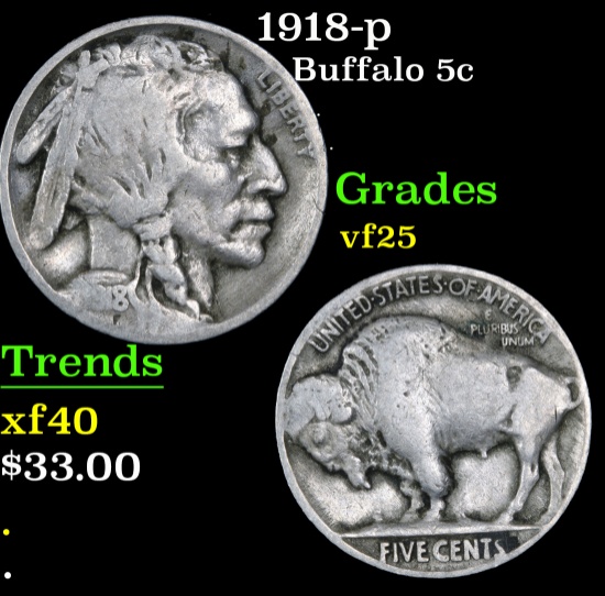 1918-p Buffalo Nickel 5c Grades vf+