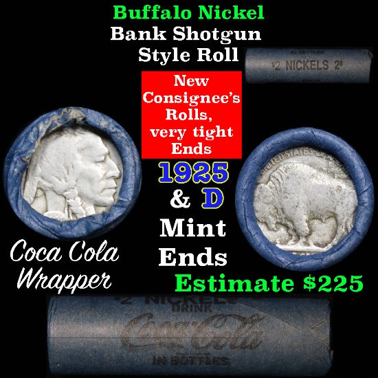 Buffalo Nickel Shotgun Roll in Old Bank Style Wrapper 1925 & d Mint Ends (fc)