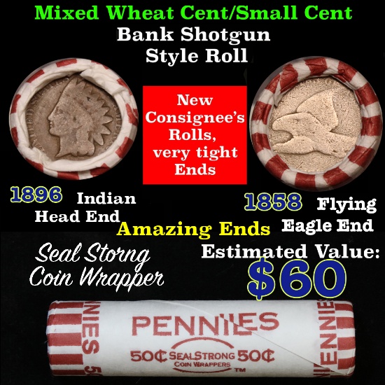 Mixed small cents 1c orig shotgun roll, 1858 Flying Eagle Cent, 1896 Indian Cent other end