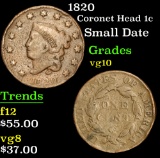 1820 Coronet Head Large Cent 1c Grades vg+