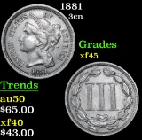 1881 Three Cent Copper Nickel 3cn Grades xf+