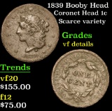 1839 Booby Head Coronet Head Large Cent 1c Grades vf details