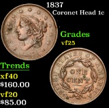 1837 Coronet Head Large Cent 1c Grades vf+