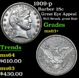 1909-p Barber Quarter 25c Grades Select+ Unc