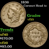 1836 Coronet Head Large Cent 1c Grades vf+
