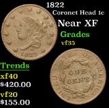 1822 Coronet Head Large Cent 1c Grades vf++