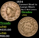 1834 Coronet Head Large Cent 1c Grades vf+